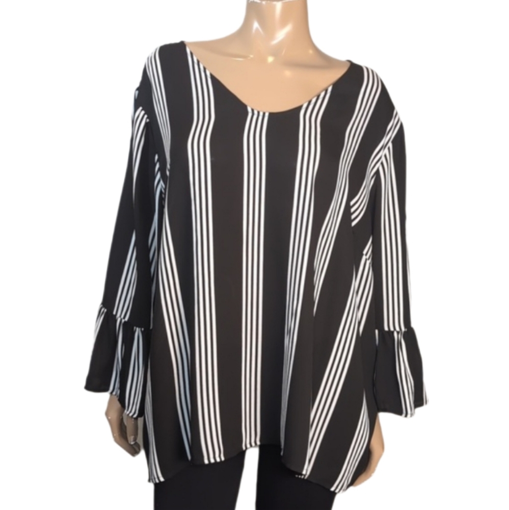 3/$20 Como Black Striped Blouse Womens Plus Size 3X Flared Bell Long Sleeve Top